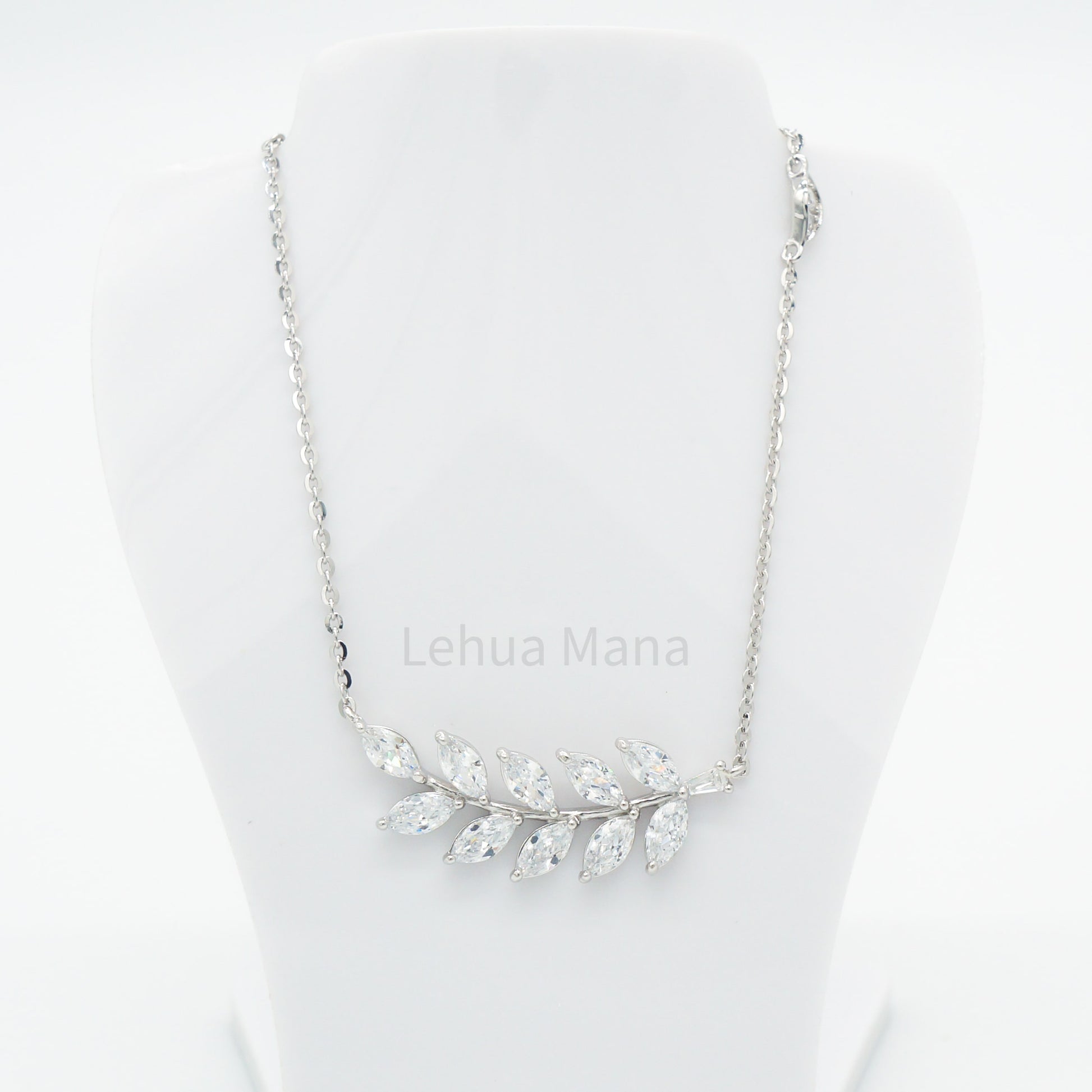 925 Silver CZ Maile Leaves Necklace, CZ Necklace, Cubic Zirconia Necklace, 925 Sterling Silver Jewelry, Maile Leaves Necklace