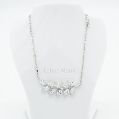 925 Silver CZ Maile Leaves Necklace, CZ Necklace, Cubic Zirconia Necklace, 925 Sterling Silver Jewelry, Maile Leaves Necklace