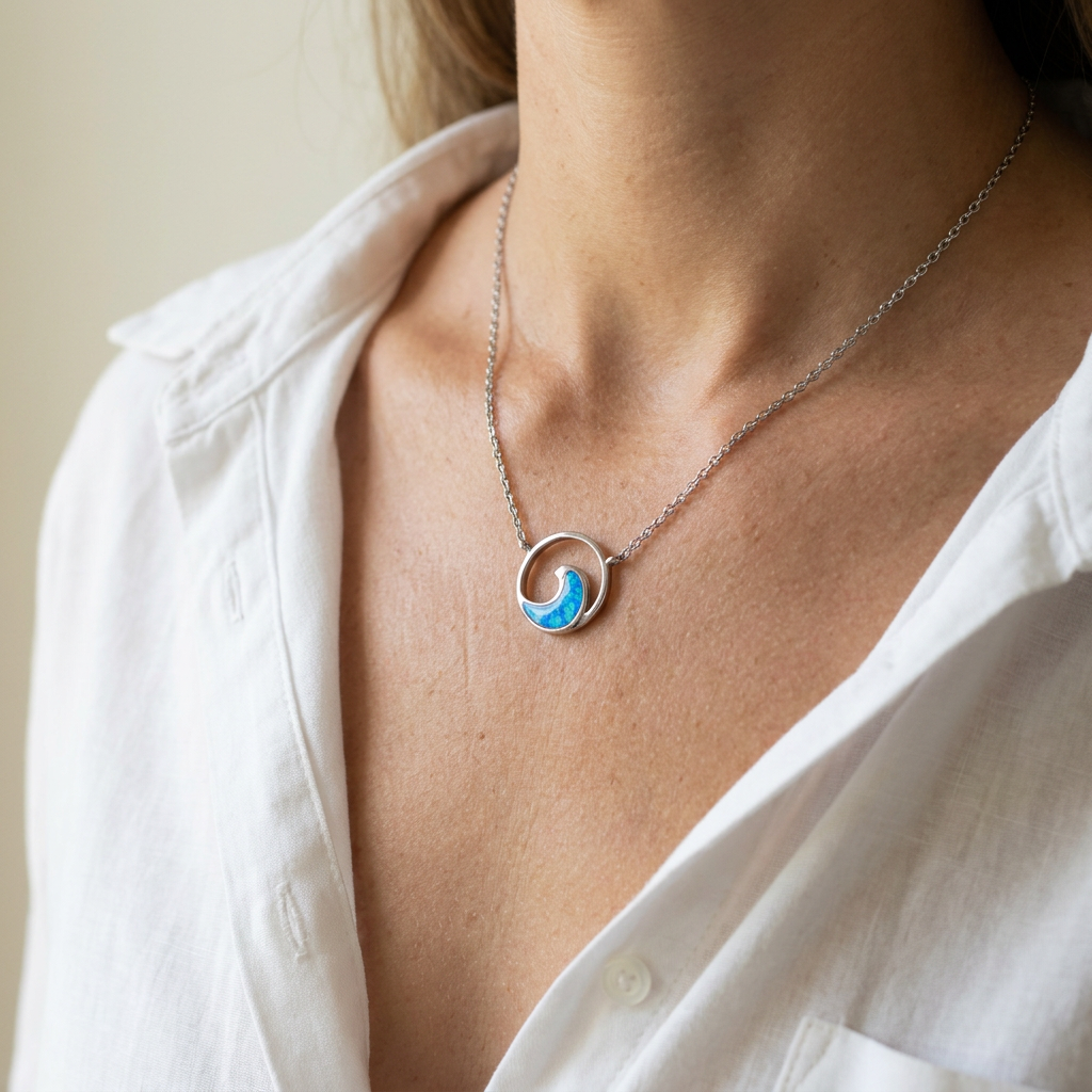 925 Sterling Silver Deluxe Blue Opal Stone Round Wave Necklace