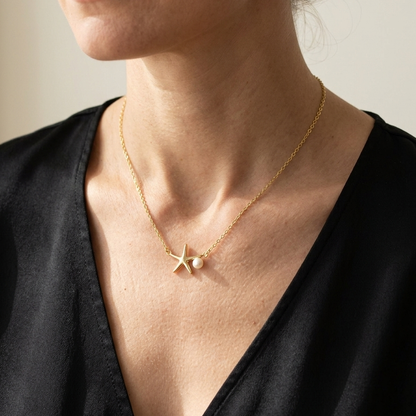 Hawaiian Starfish Freshwater Pearl Gold Vermeil Necklace - 925 Sterling Silver
