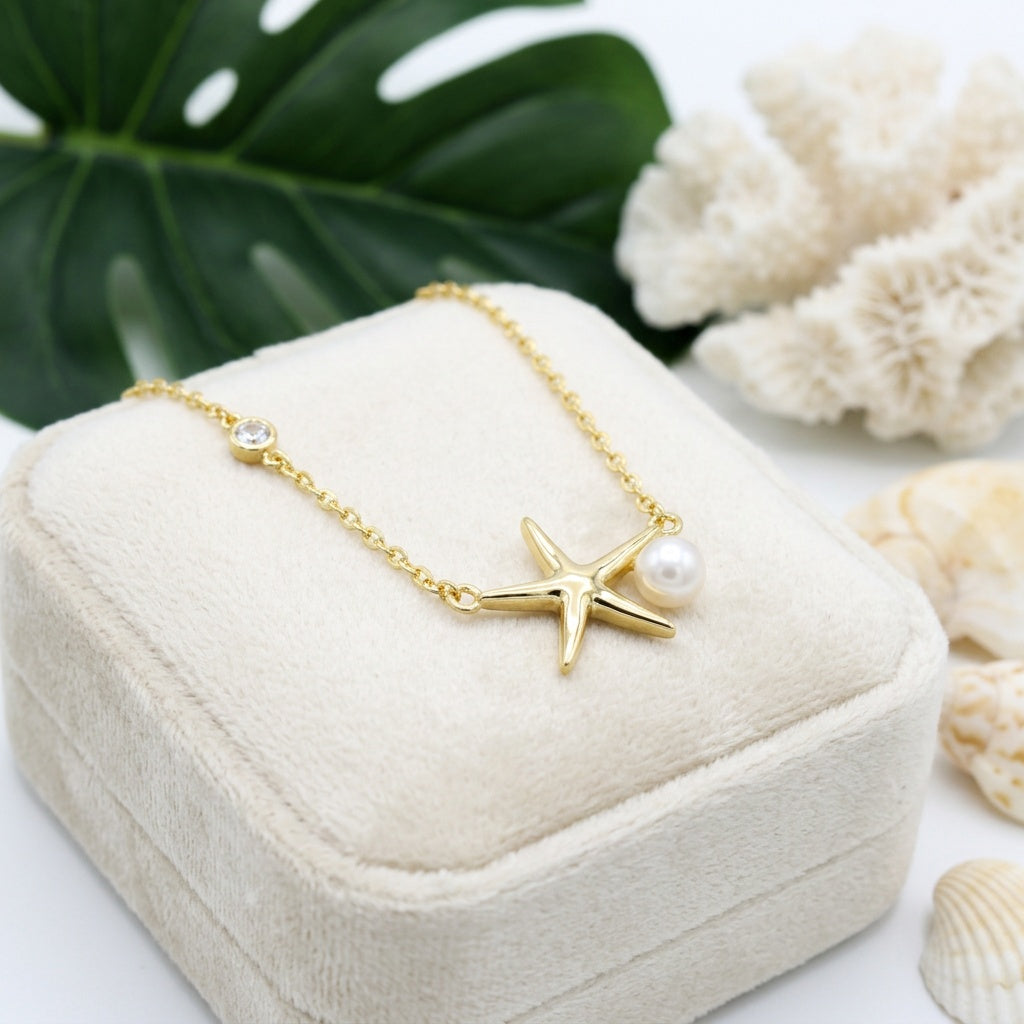 Hawaiian Starfish Freshwater Pearl Gold Vermeil Necklace - 925 Sterling Silver