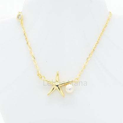 925 Silver CZ Starfish Pearl Necklace, CZ Necklace, Cubic Zirconia Necklace, 925 Sterling Silver Jewelry, Starfish Pearl Necklace