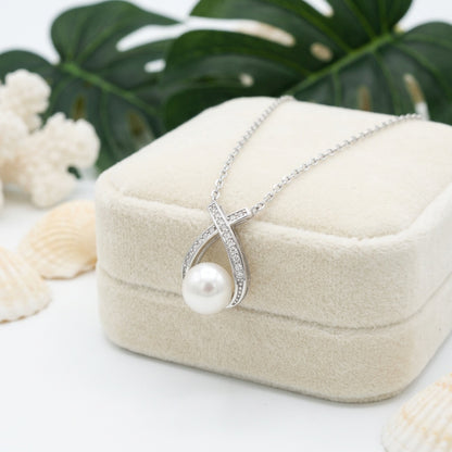 Infinity Teardrop Freshwater Pearl Cubic Zirconia Necklace - 925 Silver