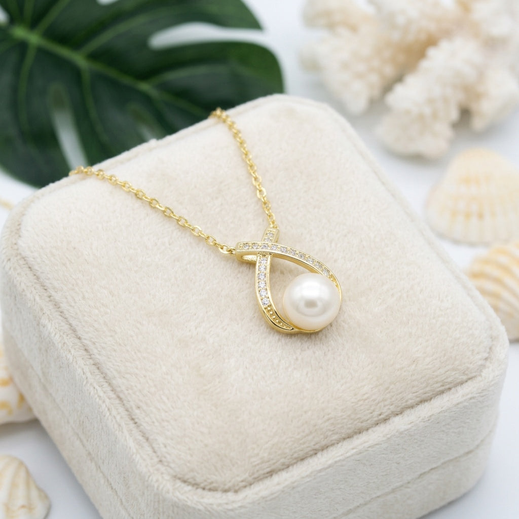 Infinity Teardrop Freshwater Pearl Cubic Zirconia Necklace - 925 Silver