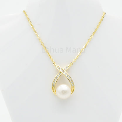 925 Silver CZ Freshwater Pearl Raindrop Necklace, CZ Necklace, Cubic Zirconia Necklace, 925 Sterling Silver Jewelry, Freshwater Pearl Raindrop Necklace