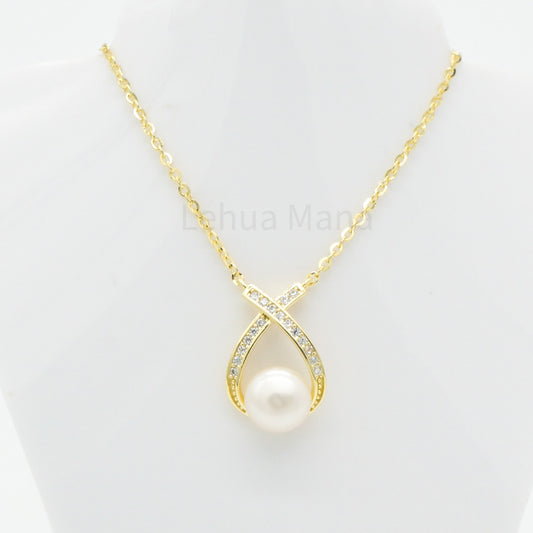 925 Silver CZ Freshwater Pearl Raindrop Necklace, CZ Necklace, Cubic Zirconia Necklace, 925 Sterling Silver Jewelry, Freshwater Pearl Raindrop Necklace