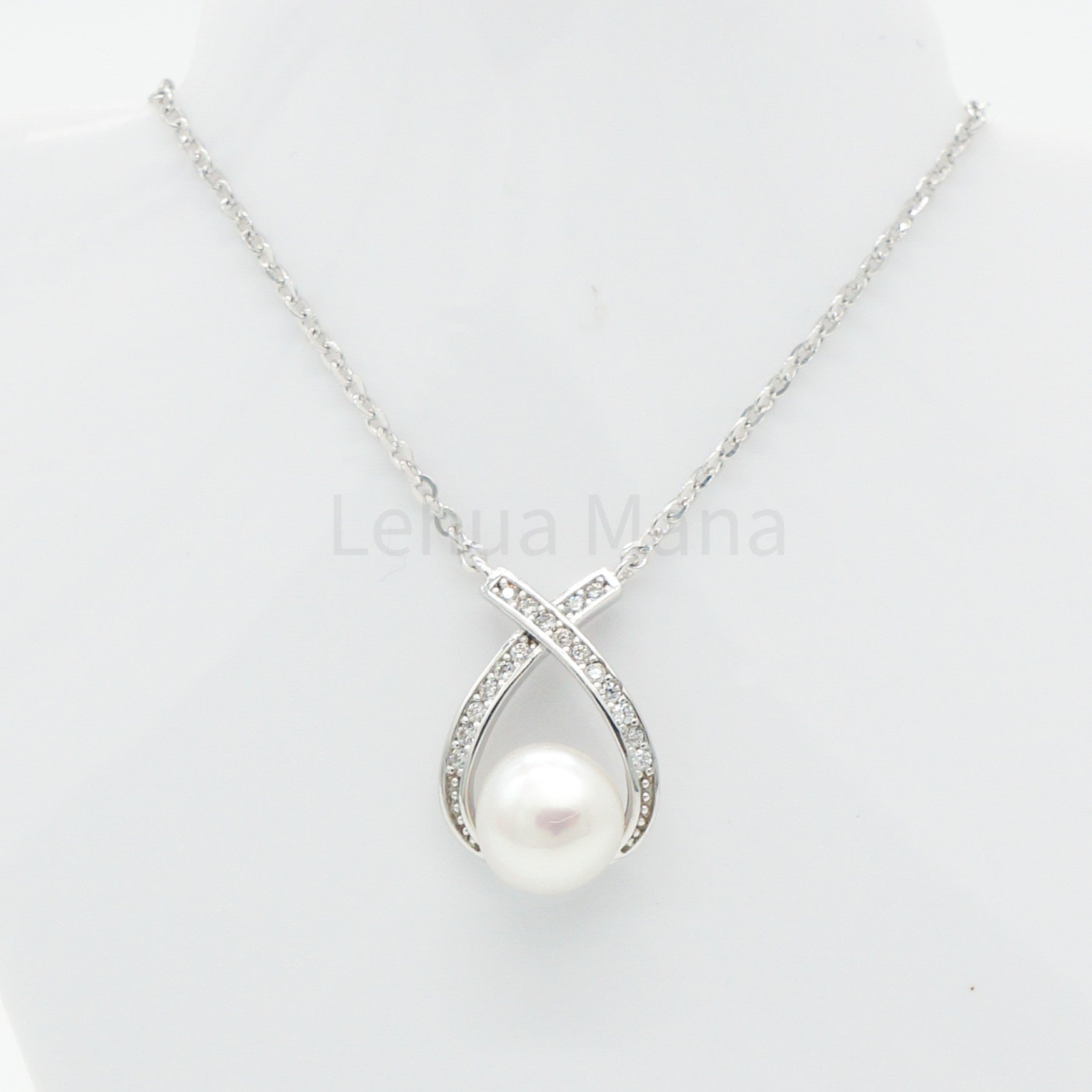 925 Silver CZ Freshwater Pearl Raindrop Necklace, CZ Necklace, Cubic Zirconia Necklace, 925 Sterling Silver Jewelry, Freshwater Pearl Raindrop Necklace