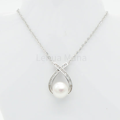 925 Silver CZ Freshwater Pearl Raindrop Necklace, CZ Necklace, Cubic Zirconia Necklace, 925 Sterling Silver Jewelry, Freshwater Pearl Raindrop Necklace