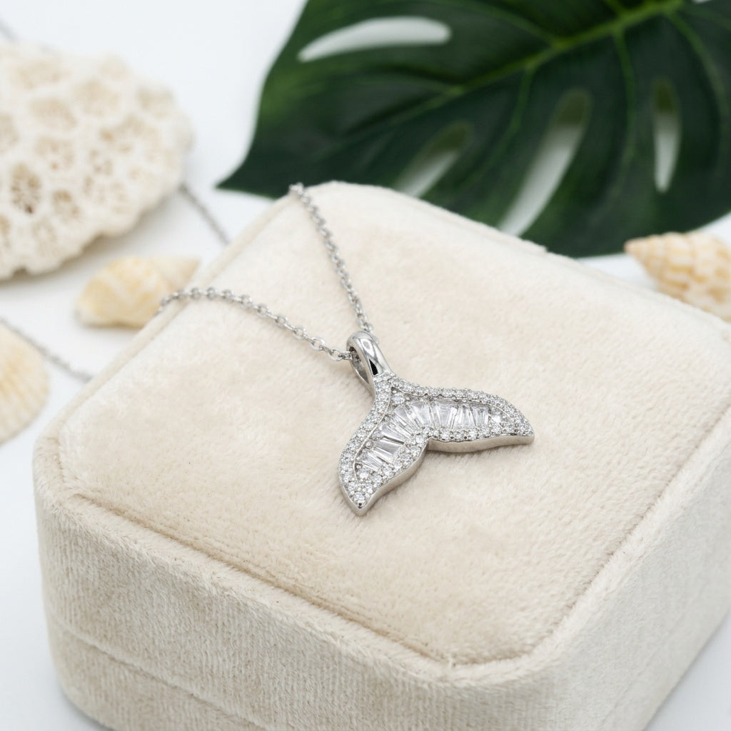 Hawaiian Whale Tail Tapered CZ Pendant Necklace - 925 Silver