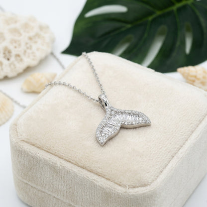 Hawaiian Whale Tail Tapered CZ Pendant Necklace - 925 Silver
