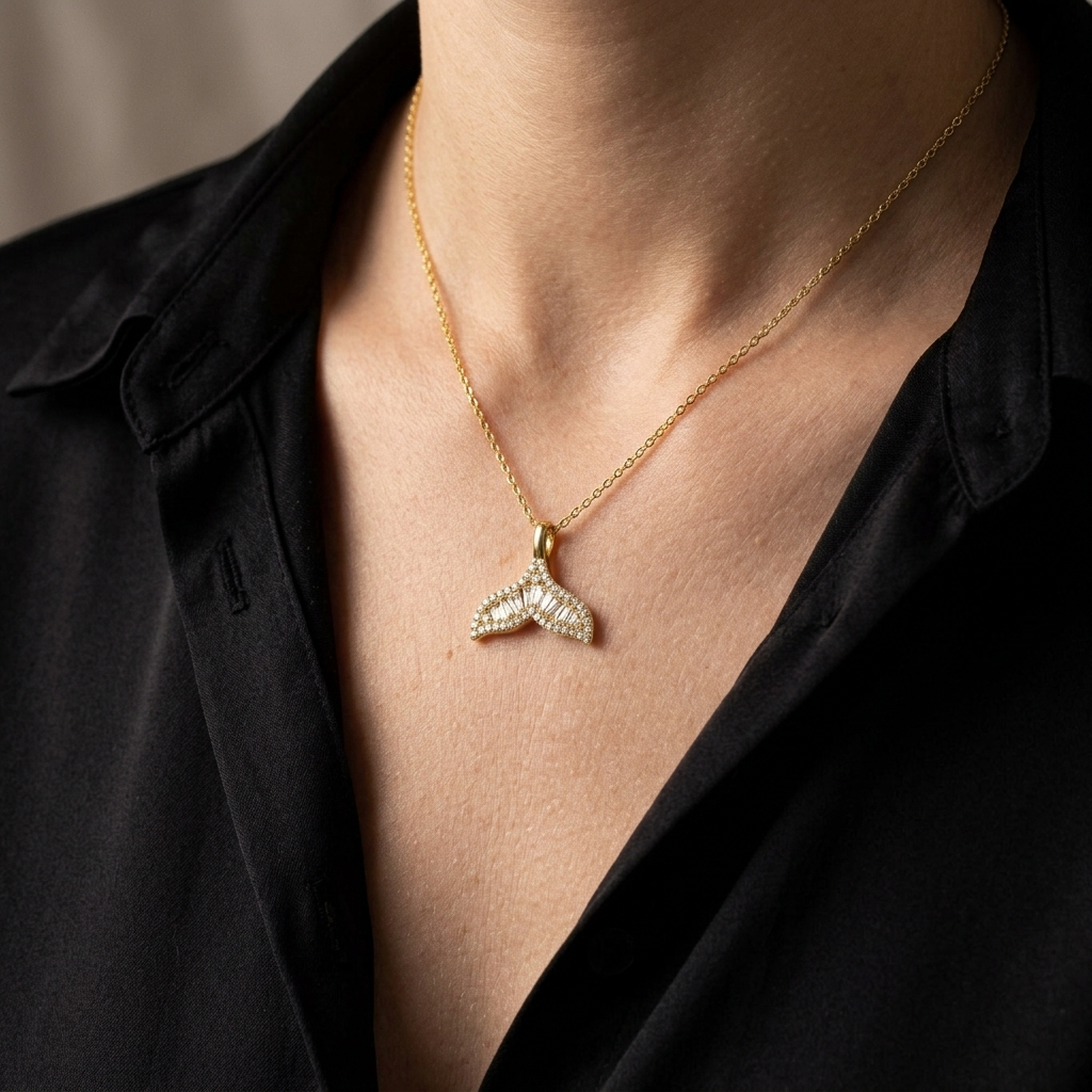 Hawaiian Whale Tail Tapered CZ Pendant Necklace - 925 Silver