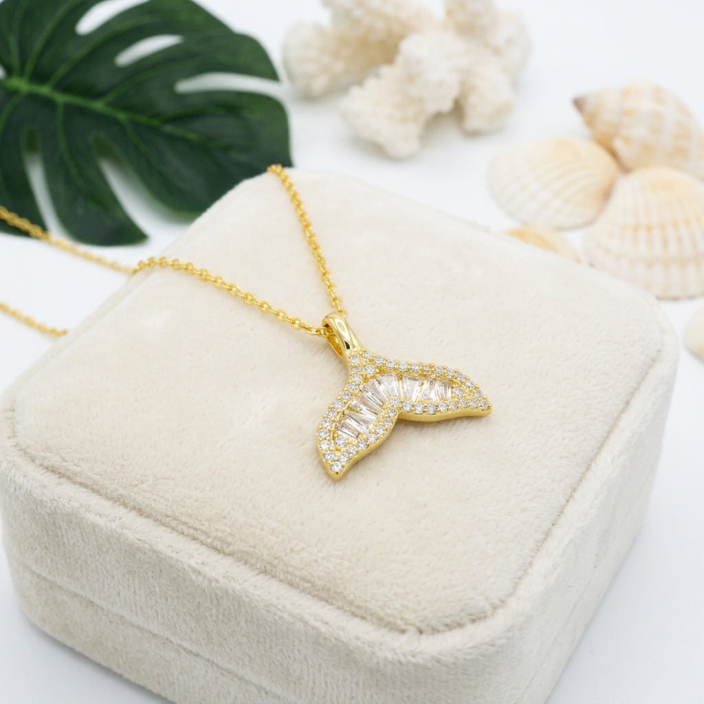 Hawaiian Whale Tail Tapered CZ Pendant Necklace - 925 Silver