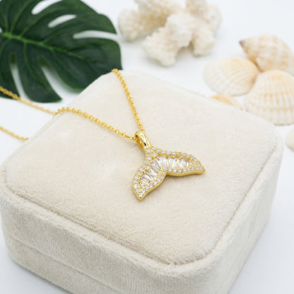 Hawaiian Whale Tail Tapered CZ Pendant Necklace - 925 Silver