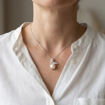 Hawaiian Whale Tail Freshwater Pearl CZ Pendant Necklace - 925 Silver