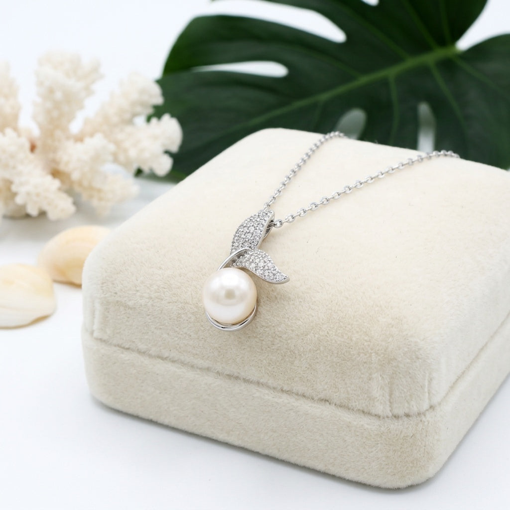 Hawaiian Whale Tail Freshwater Pearl CZ Pendant Necklace - 925 Silver