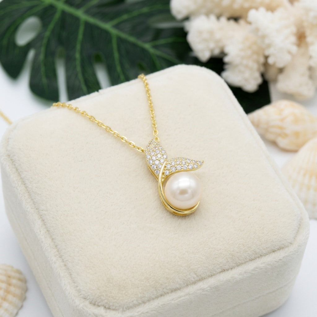 Hawaiian Whale Tail Freshwater Pearl CZ Pendant Necklace - 925 Silver
