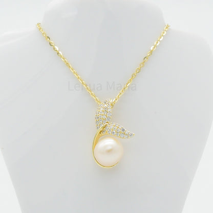 925 Silver CZ Freshwater Pearl Whale Tail Necklace, CZ Necklace, Cubic Zirconia Necklace, 925 Sterling Silver Jewelry, Freshwater Pearl Whale Tail Necklace