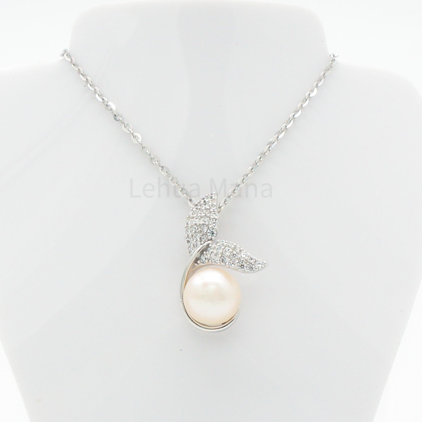 925 Silver CZ Freshwater Pearl Whale Tail Necklace, CZ Necklace, Cubic Zirconia Necklace, 925 Sterling Silver Jewelry, Freshwater Pearl Whale Tail Necklace
