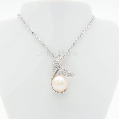 925 Silver CZ Freshwater Pearl Whale Tail Necklace, CZ Necklace, Cubic Zirconia Necklace, 925 Sterling Silver Jewelry, Freshwater Pearl Whale Tail Necklace