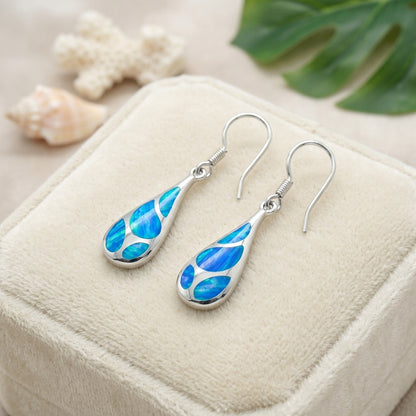 Hawaiian Mosaic Teardrop Opal Stone Dangle Earrings - 925 Sterling Silver