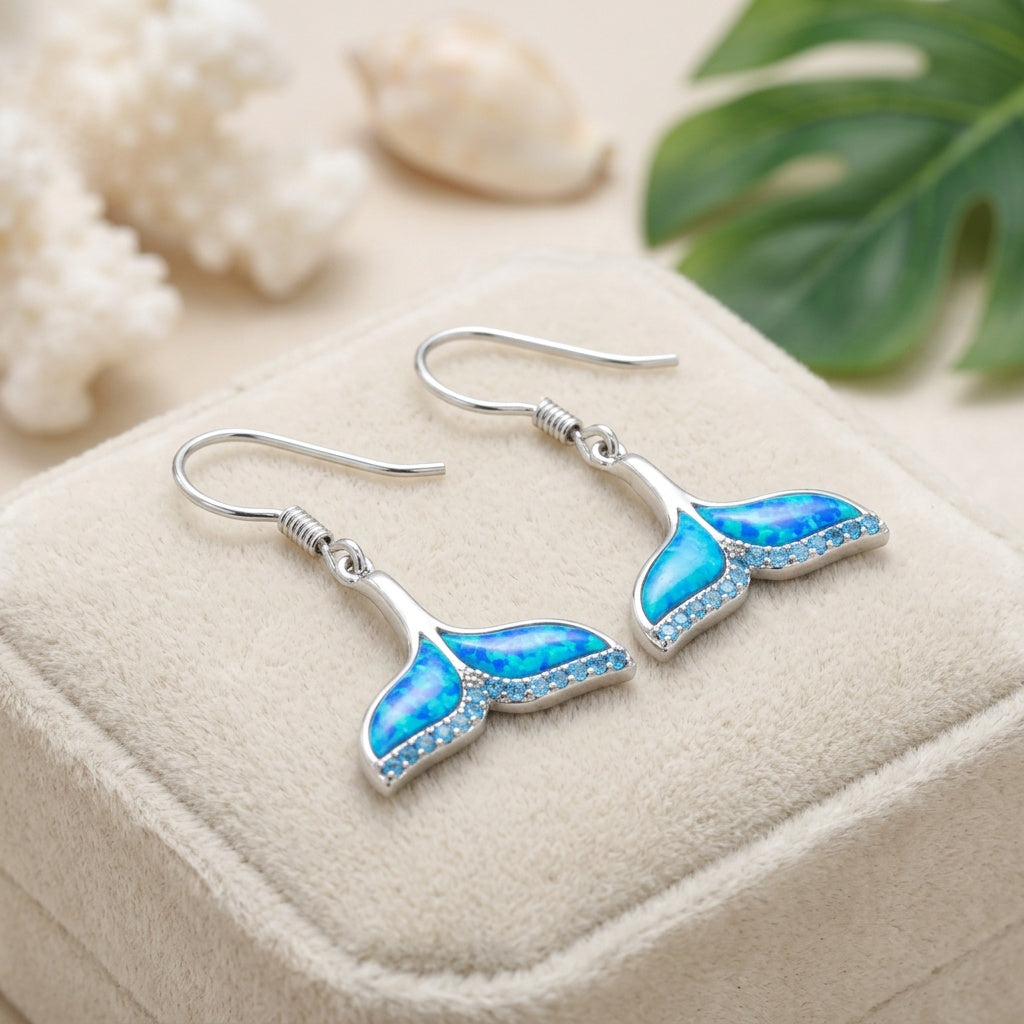 Hawaiian Whale Tail Blue Topaz Accent Opal Stone Dangle Earrings - 925 Sterling Silver
