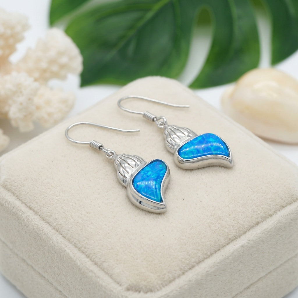 Hawaiian Conch Seashell Opal Stone Dangle Earrings - 925 Sterling Silver