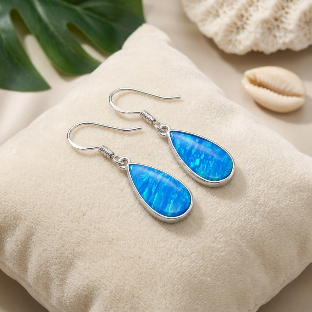 Hawaiian Dewdrop Teardrop Opal Stone Dangle Earrings - 925 Sterling Silver