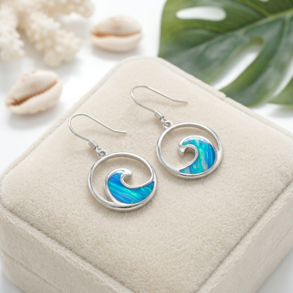 Round Hawaiian Ocean Wave Circle Opal Stone Dangle Earrings - 925 Sterling Silver