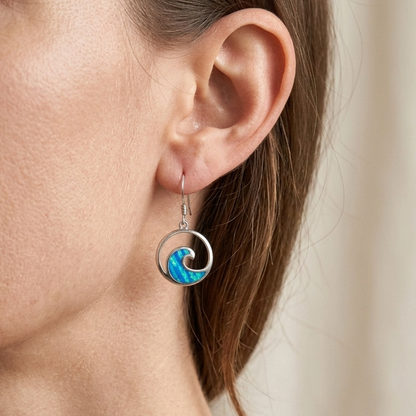 Round Hawaiian Ocean Wave Circle Opal Stone Dangle Earrings - 925 Sterling Silver