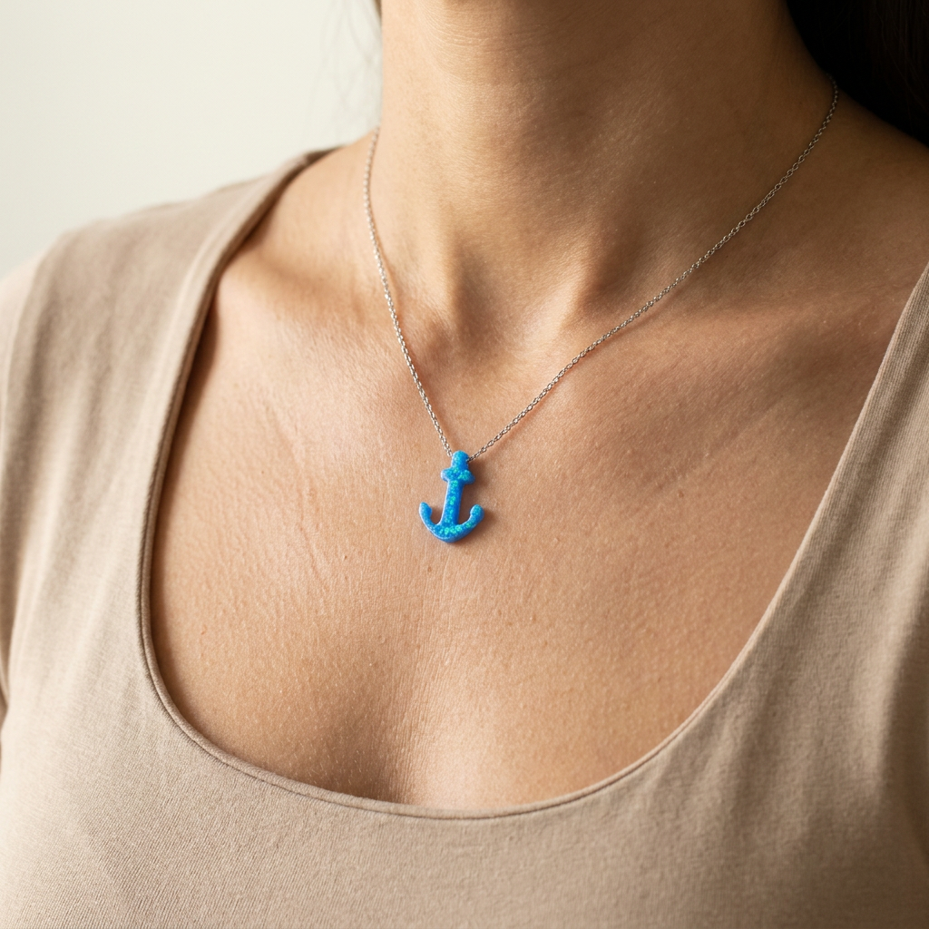 925 Sterling Silver Deluxe Blue Opal Stone Anchor Necklace