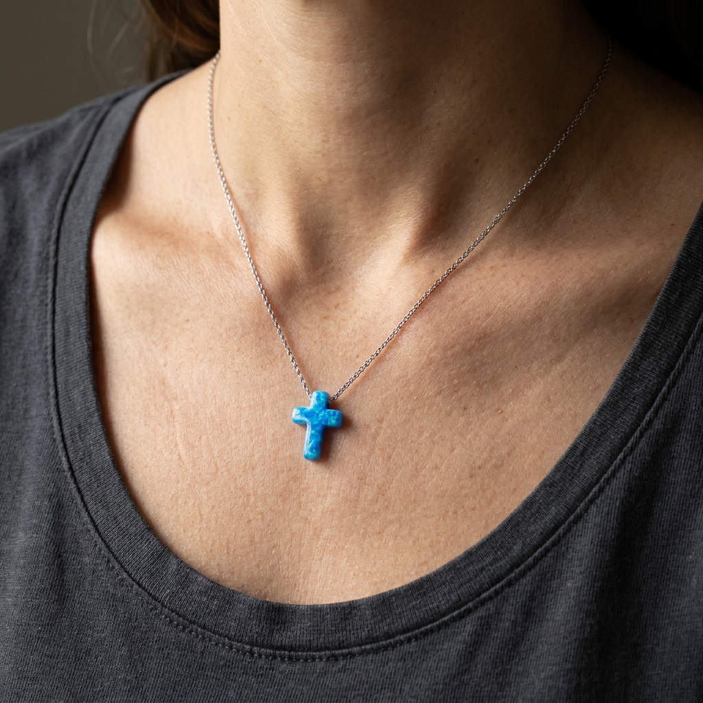 925 Sterling Silver Deluxe Blue Opal Stone Cross Necklace