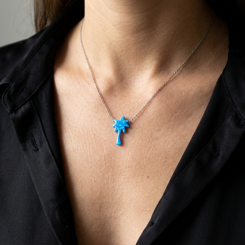 925 Sterling Silver Deluxe Blue Opal Stone Palm Tree Necklace
