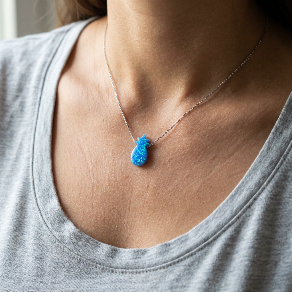 925 Sterling Silver Deluxe Blue Opal Stone Pineapple Necklace