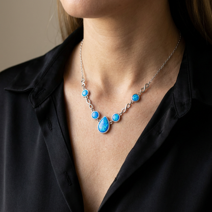 925 Sterling Silver Deluxe Blue Opal Stone Infinity Raindrop Necklace