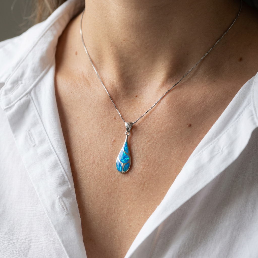 925 Sterling Silver Deluxe Opal Stone Mosaic Raindrop Pendant Necklace
