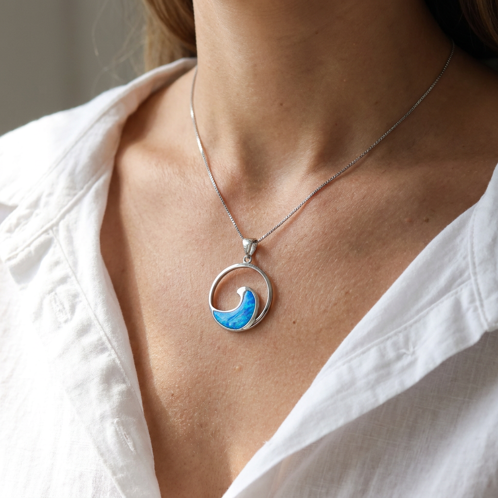 Hawaiian Round Ocean Wave Opal Stone Pendant Necklace - 925 Silver