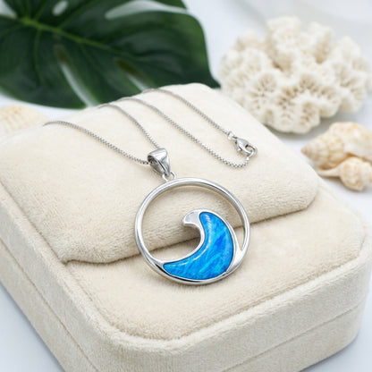 Hawaiian Round Ocean Wave Opal Stone Pendant Necklace - 925 Silver