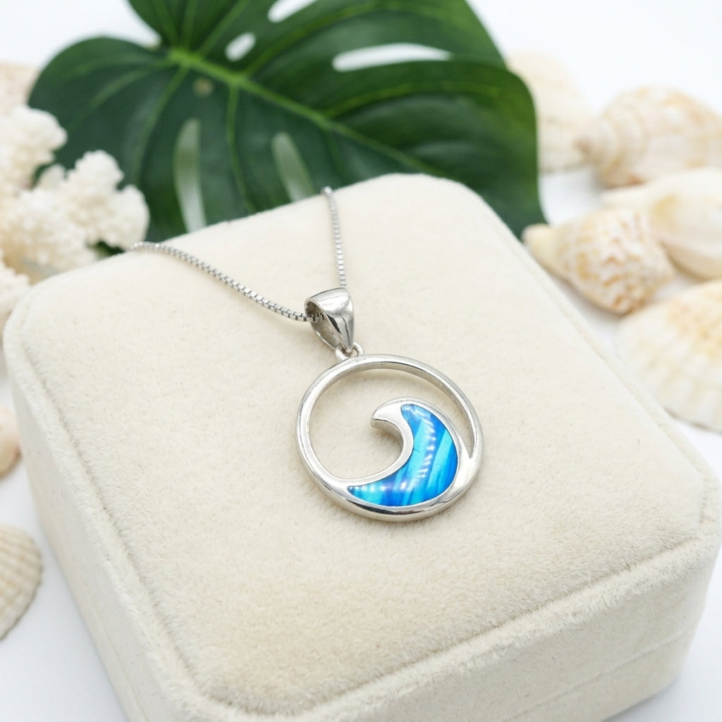 Hawaiian Round Ocean Wave Opal Stone Pendant Necklace - 925 Silver