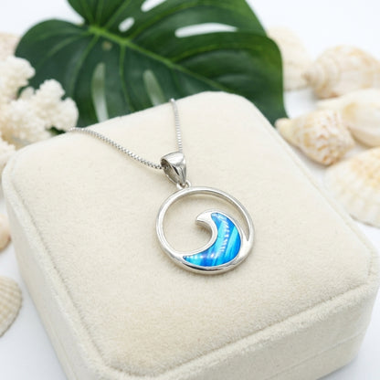 Hawaiian Round Ocean Wave Opal Stone Pendant Necklace - 925 Silver