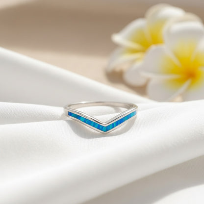 925 Sterling Silver Blue Opal Stone Chevron Wave Stackable Band Ring