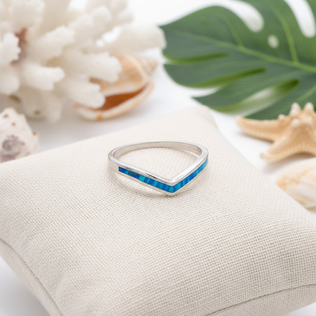 925 Sterling Silver Blue Opal Stone Chevron Wave Stackable Band Ring