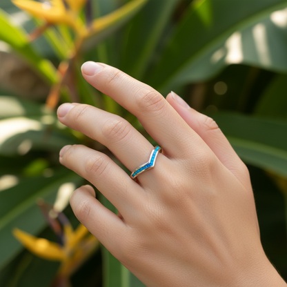 925 Sterling Silver Blue Opal Stone Chevron Wave Stackable Band Ring