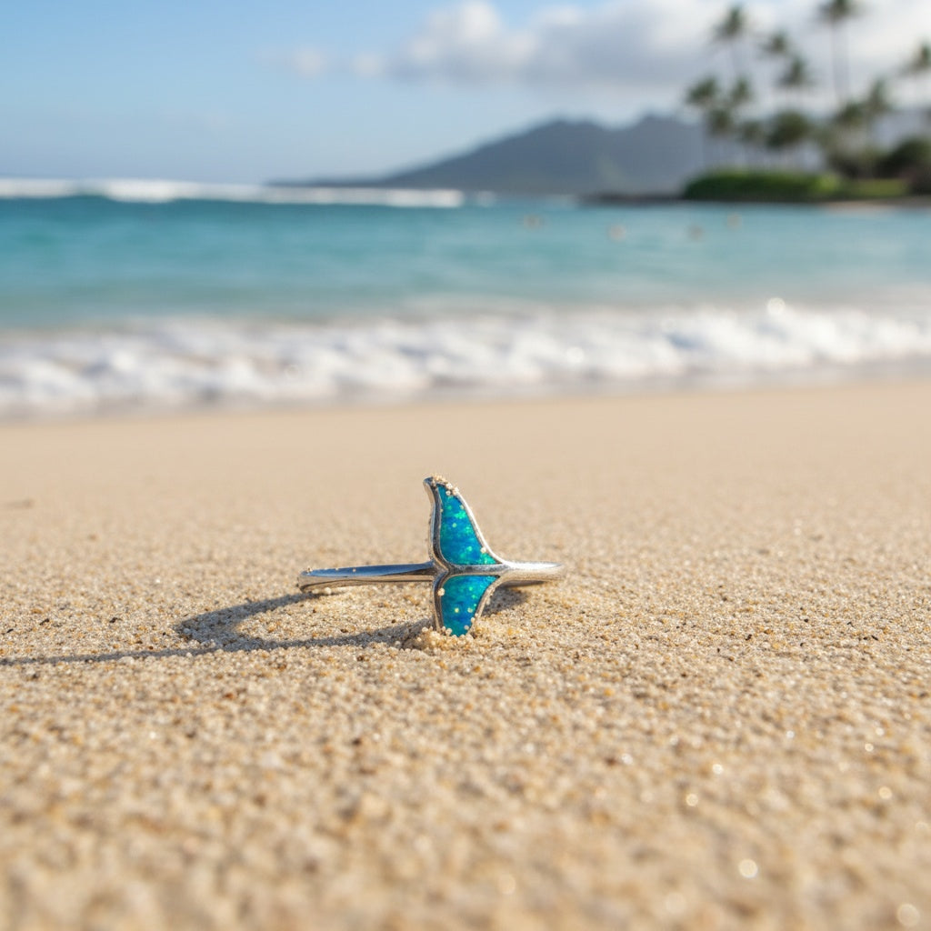 Hawaiian Whale Tail Inlay Blue Opal Stone Band Ring - 925 Sterling Silver