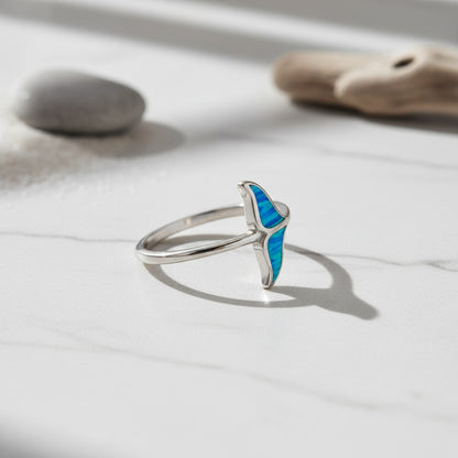 Hawaiian Whale Tail Inlay Blue Opal Stone Band Ring - 925 Sterling Silver