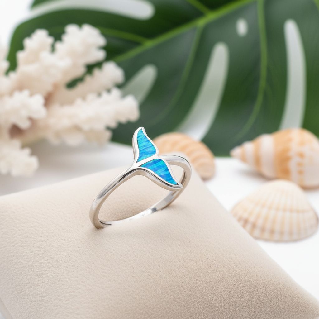 Hawaiian Whale Tail Inlay Blue Opal Stone Band Ring - 925 Sterling Silver