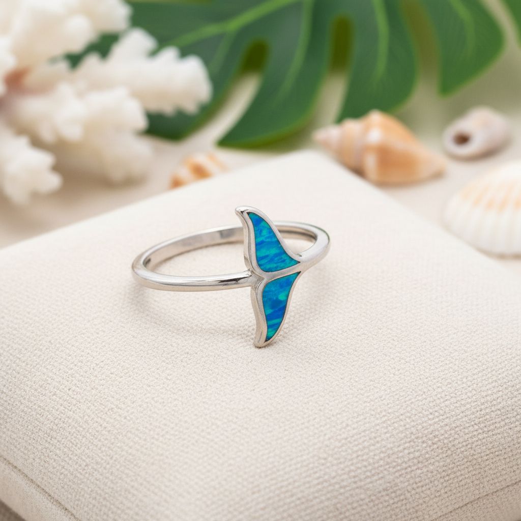 Hawaiian Whale Tail Inlay Blue Opal Stone Band Ring - 925 Sterling Silver