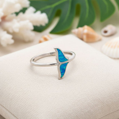 Hawaiian Whale Tail Inlay Blue Opal Stone Band Ring - 925 Sterling Silver