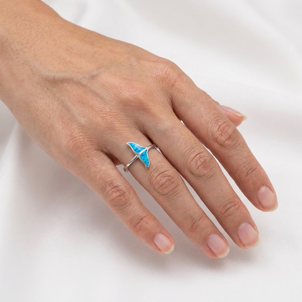 Hawaiian Whale Tail Inlay Blue Opal Stone Band Ring - 925 Sterling Silver