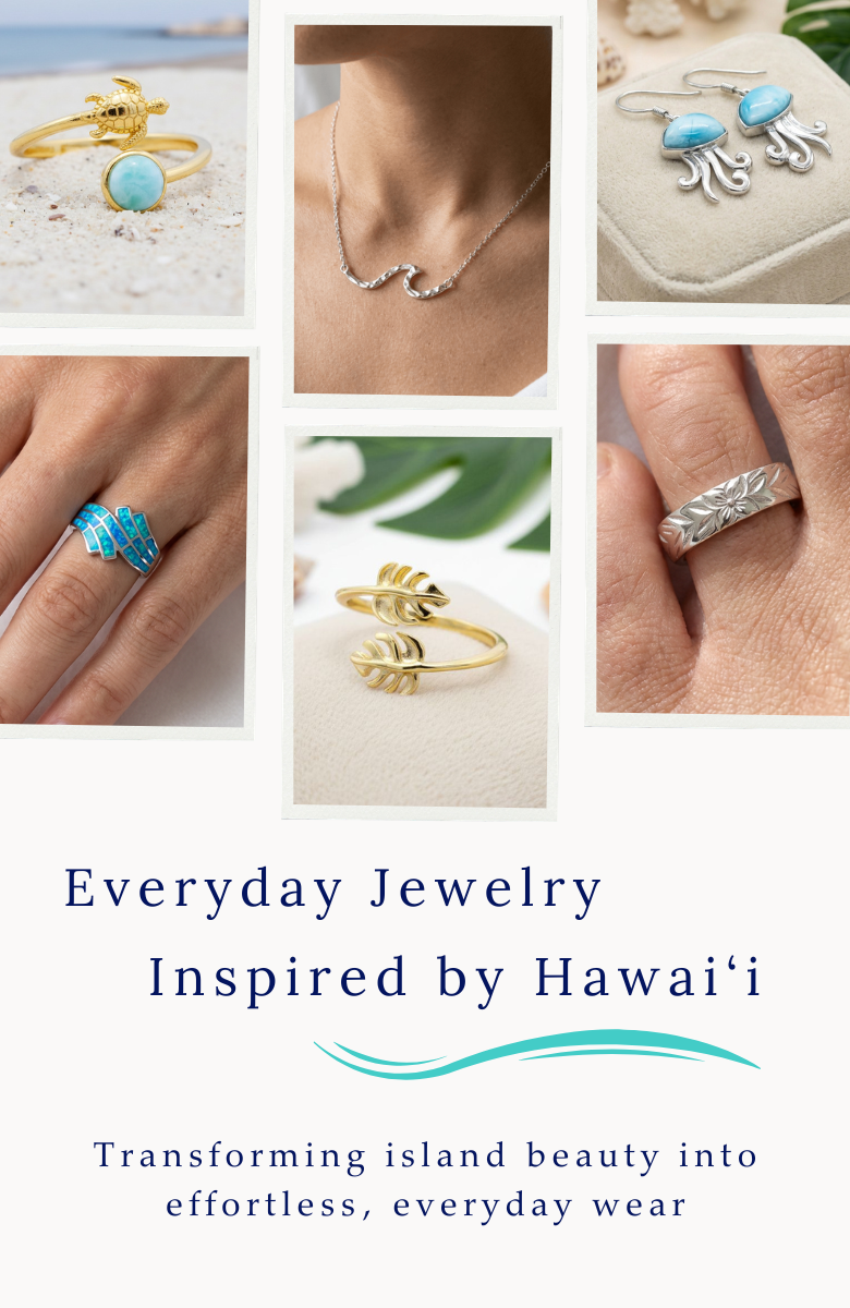 Collage of jewelry items with text 'Everyday Jewelry Inspired by Hawai'i' on a white background.