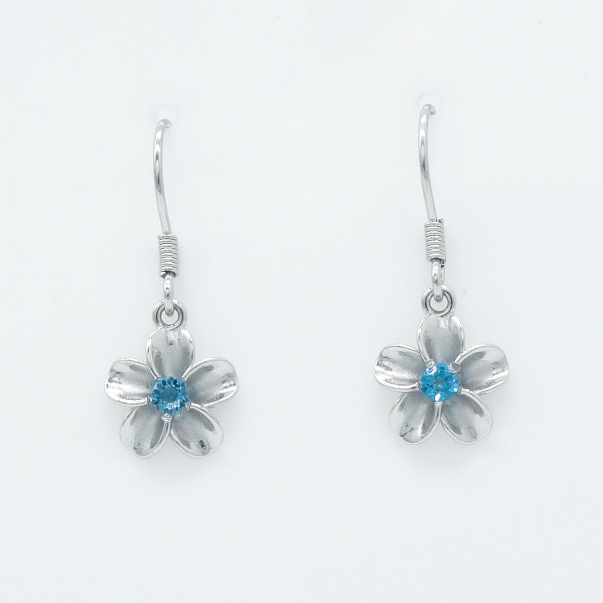 Hawaiian Plumeria Flower Blue Topaz Dangle Earrings - 925 Sterling Silver